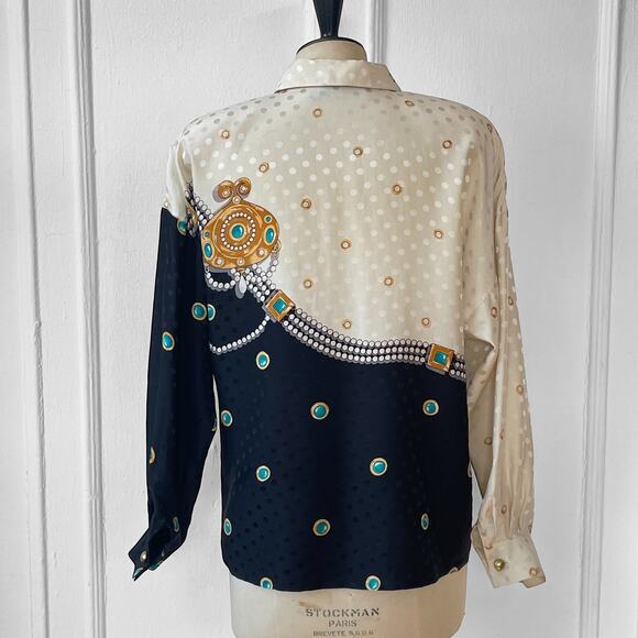 Trompe L'Oeil 80s Status Print Jewel Silk Jacquard Button Front Vintage Blouse - Picture 4 of 9